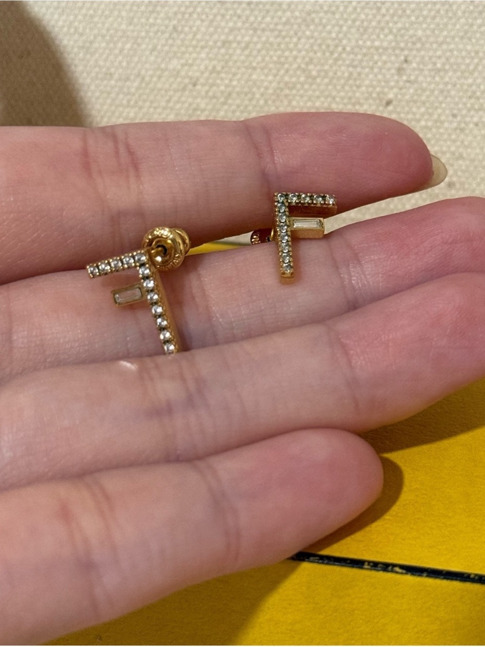 Fendi Crystal First “F” Logo Gold Tone Stud Earrings - Picture 7 of 10